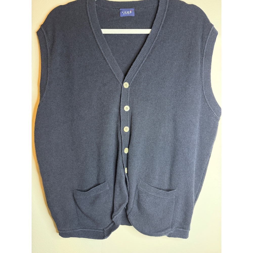 Como Sport Womens L Black Sweater Vest Button Front Knit Pockets Preppy